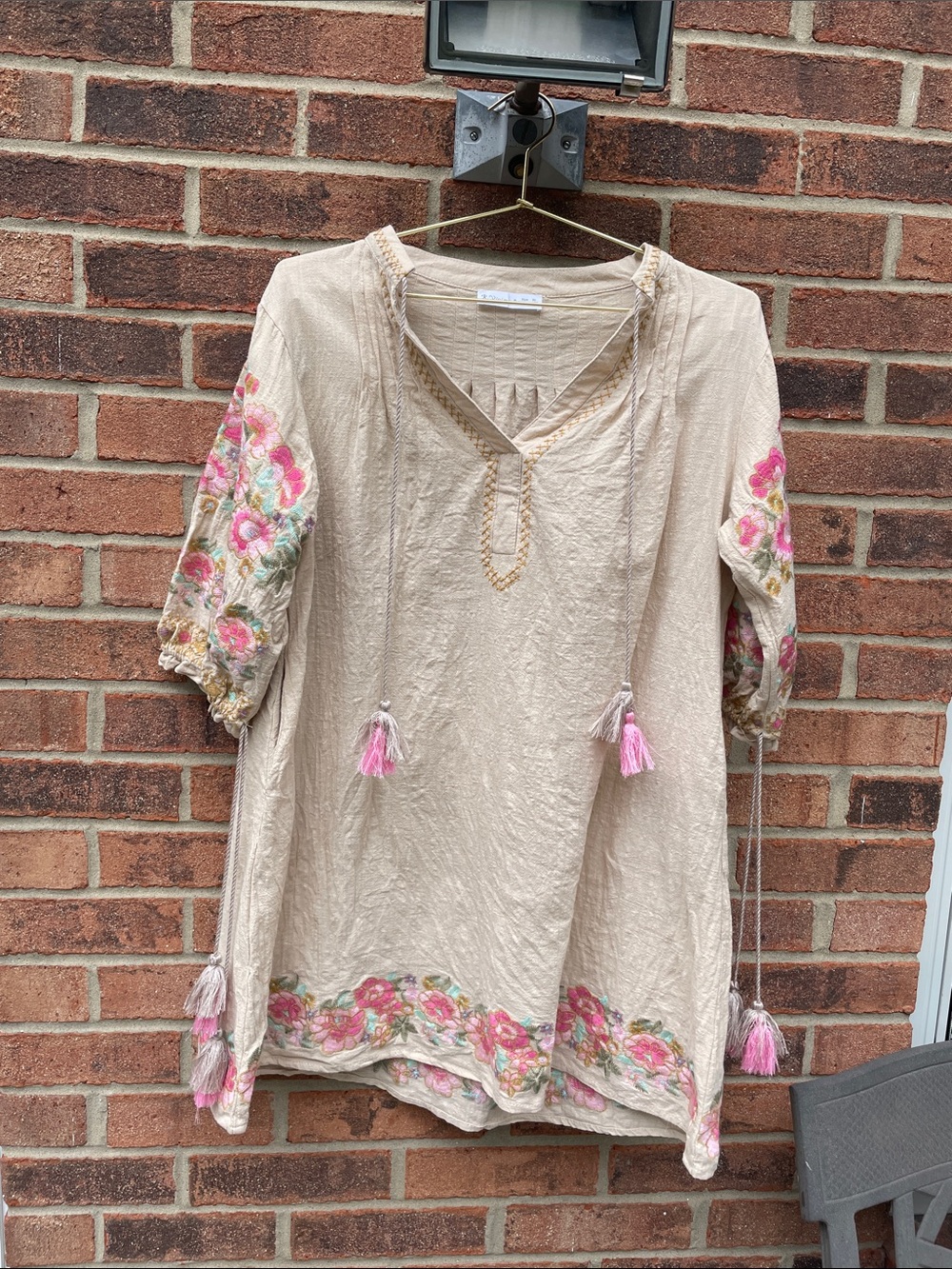 R. Vivimos Boho Embroidered Cream Floral Mini Dress/ Tunic